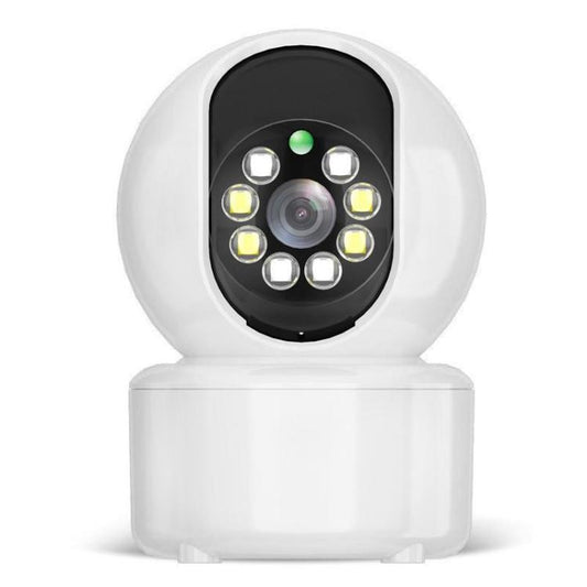 Wireless home security camera with black dome lens and visible LED infrared lights