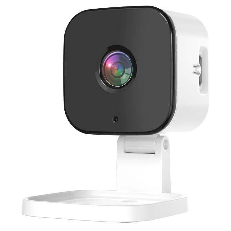 Wireless window security camera with black front lens and white mounting stand