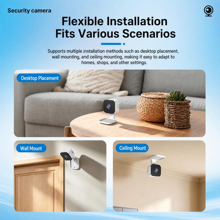 White wireless window security camera with adjustable stand, compact indoor monitor