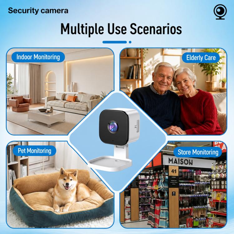 White wireless window security camera front view with lens and compact mounting base