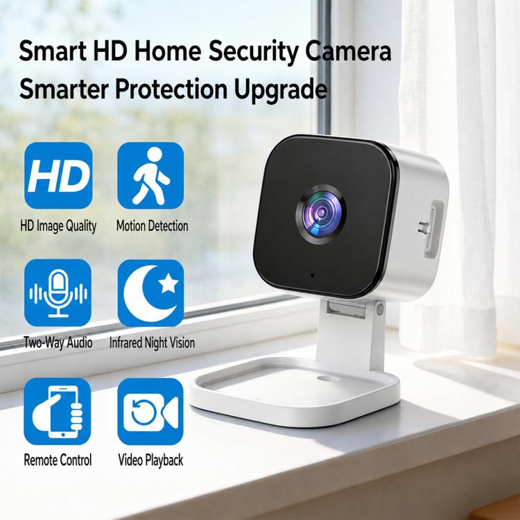 Wireless window security camera on white base with black lens cover