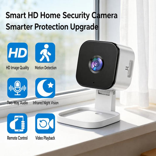 Wireless window security camera on white base with black lens cover