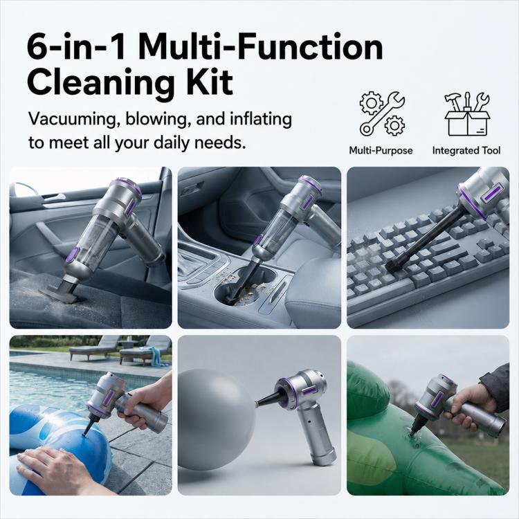 Handheld vacuum cleaning kit with multiple suction and blower nozzles shown