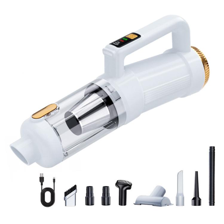 White cordless handheld vacuum cleaner with transparent dust cup and gold filter ring
