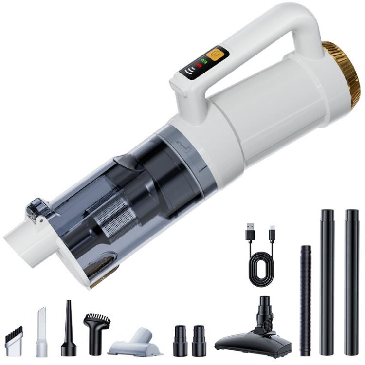 White cordless stick vacuum cleaner with extension tubes and assorted cleaning nozzles