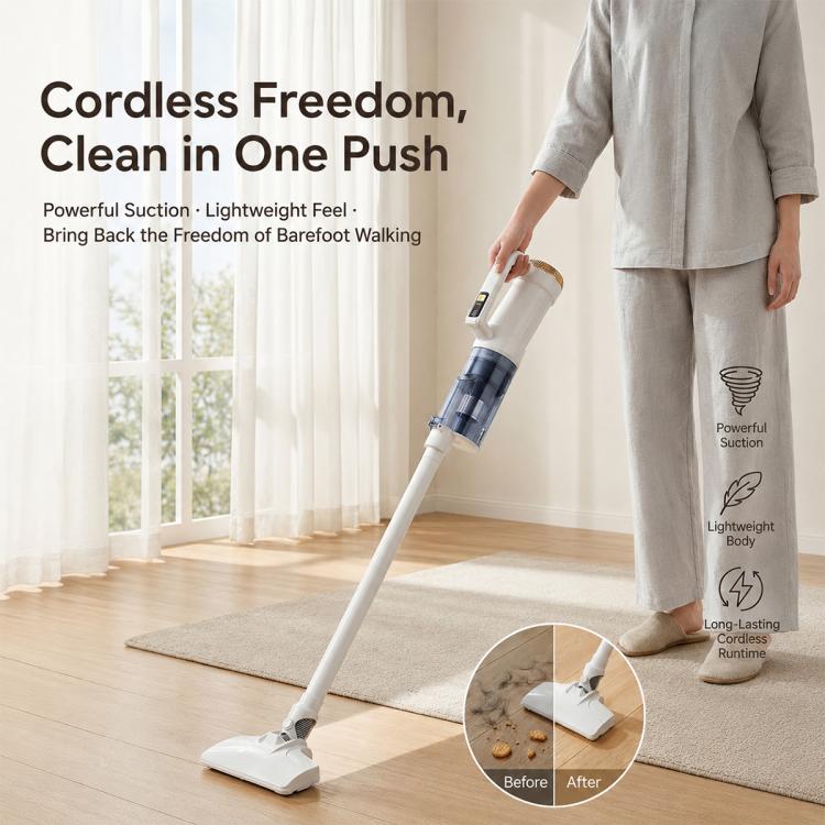 White cordless stick vacuum cleaner with floor nozzle held upright for cleaning