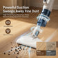 White cordless stick vacuum cleaner with floor head picking up fine dust