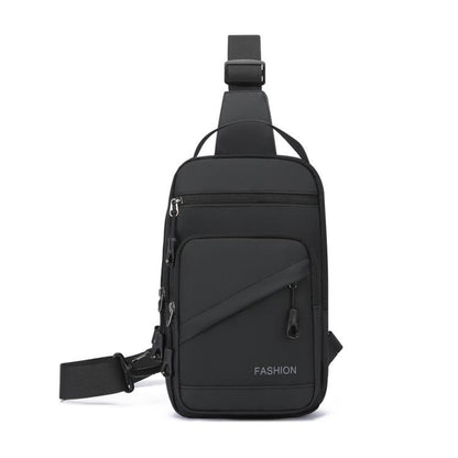Black crossbody chest bag with front zipper pocket and adjustable shoulder strap