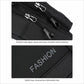 Black crossbody chest bag close-up: smooth zippers, metal rings, embossed Fashion logo