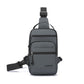 Dark gray crossbody chest bag with curved top strap, front zip pocket, and adjustable webbing strap