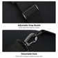 Black crossbody chest bag close-up of adjustable strap buckle and smooth metal hardware