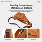 Tan PU leather sling bag with detachable strap, front zipper pocket, and small front logo patch
