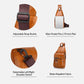 Tan sling bag detail views: adjustable strap buckle, main pocket, and detachable strap switch