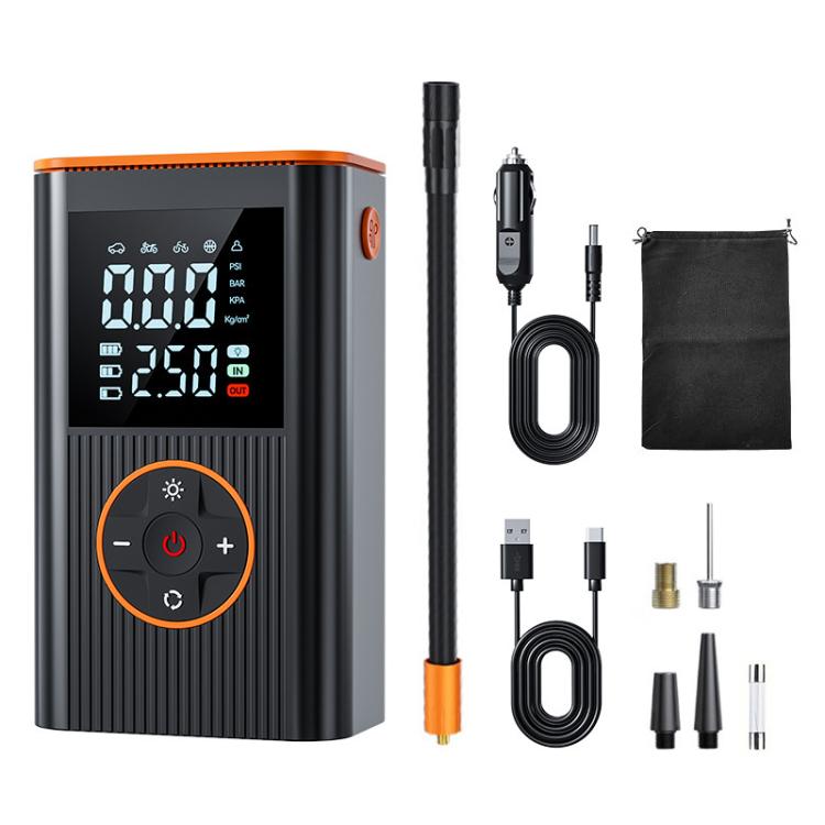 Portable tire inflator pump with LED display, long air hose, and nozzle attachments