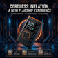 Cordless tire inflator pump with LED display and orange-trimmed grip