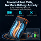 Portable tire inflator pump with dual-cell battery layout graphic