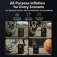 Compact tire inflator pump with LED display and multi-vehicle inflation setup