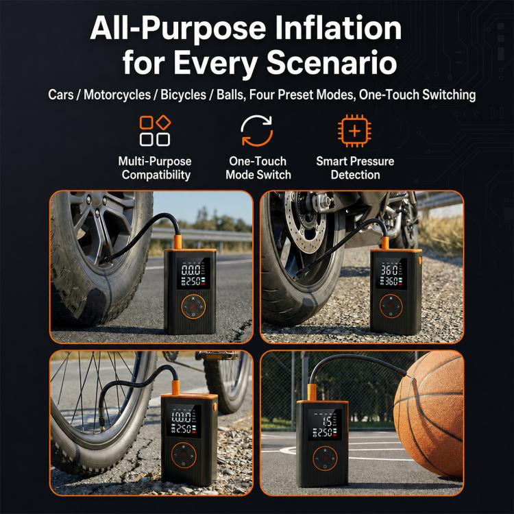 Compact tire inflator pump with LED display and multi-vehicle inflation setup