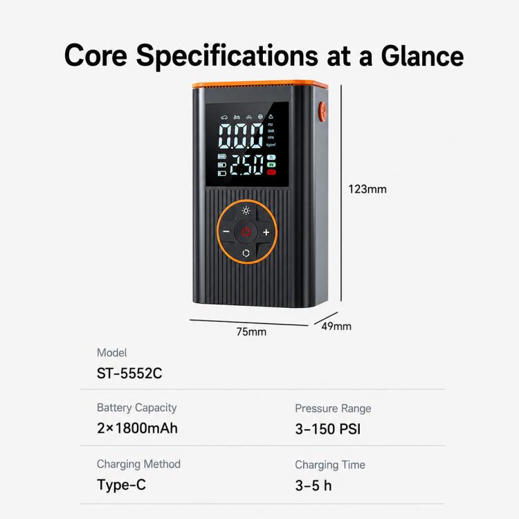 SUITU ST-5552 tire inflator pump with digital display and orange control dial, front view