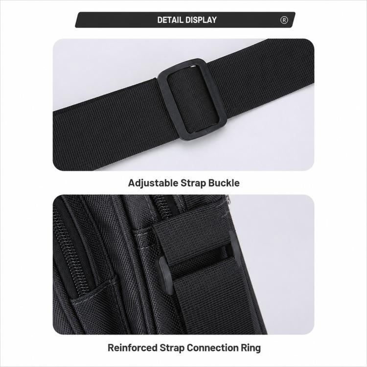 Black crossbody bag strap with adjustable buckle and reinforced connection ring