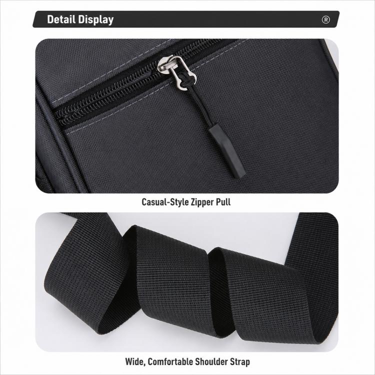 Black crossbody bag with zipper pull and wide comfortable shoulder strap