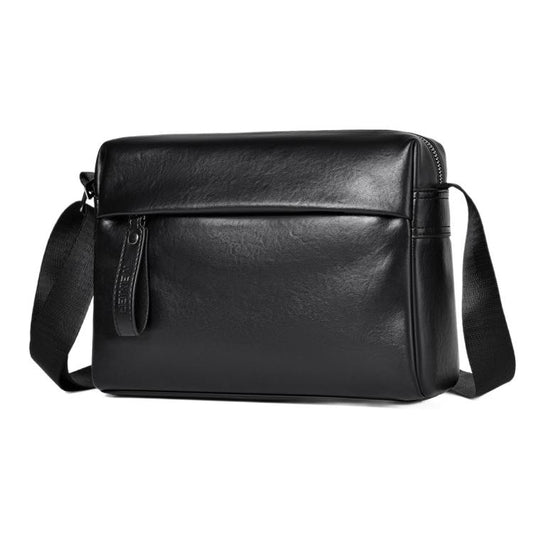 Black PU leather crossbody bag with front zip pocket and adjustable shoulder strap