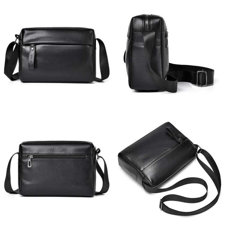 Black PU leather crossbody bag with adjustable strap and zippered front pocket