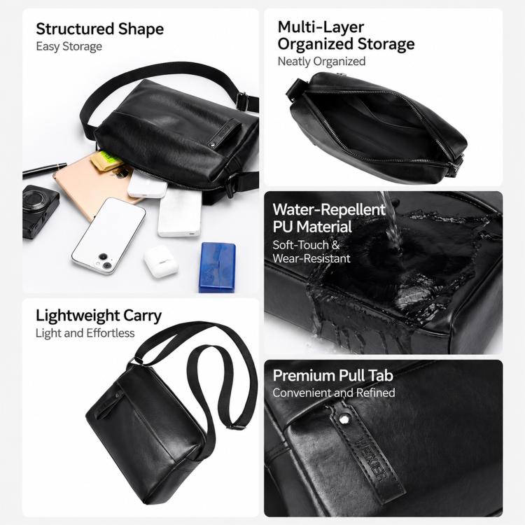 Black PU leather crossbody bag with organized storage and slim profile