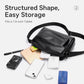 Black PU leather crossbody bag with structured shape and room for a tablet