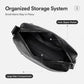 Black PU leather crossbody bag interior with large main compartment and inner zip pocket