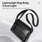 Black PU leather crossbody bag with top zipper and front pocket, adjustable strap.