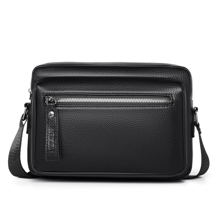 Black lychee-textured waterproof shoulder crossbody bag with zipper front and side pocket.