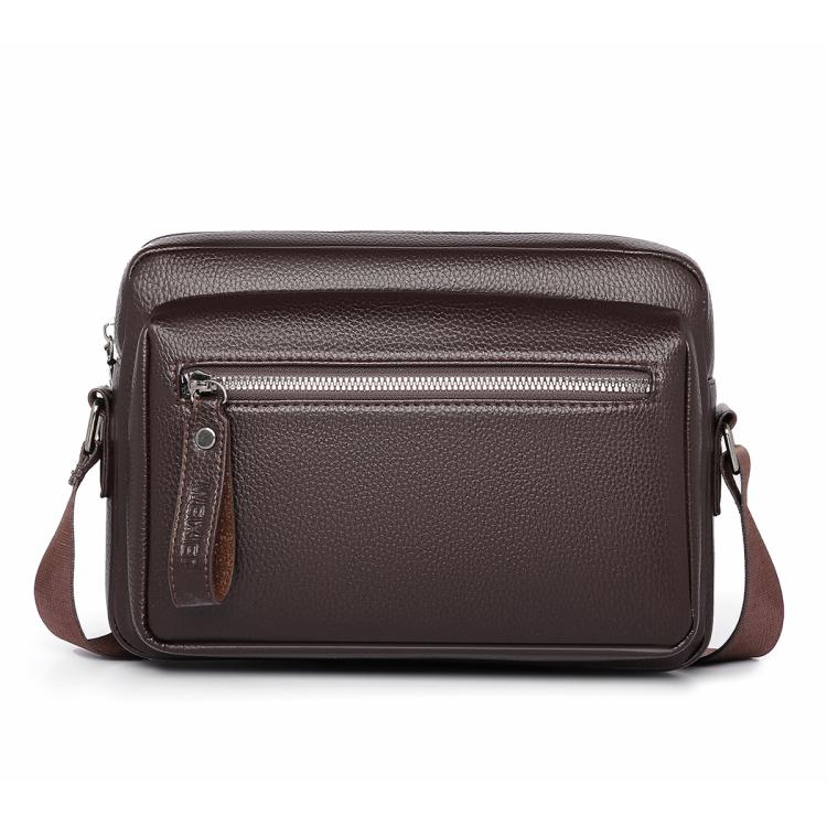 Brown lychee-textured waterproof shoulder crossbody bag with top zipper and side strap.