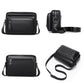 Black shoulder crossbody bag with zip front, adjustable strap, and side carry handles.