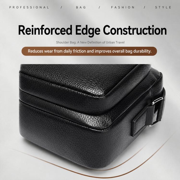 Black crossbody bag with reinforced edge corners and textured PU leather look surface.