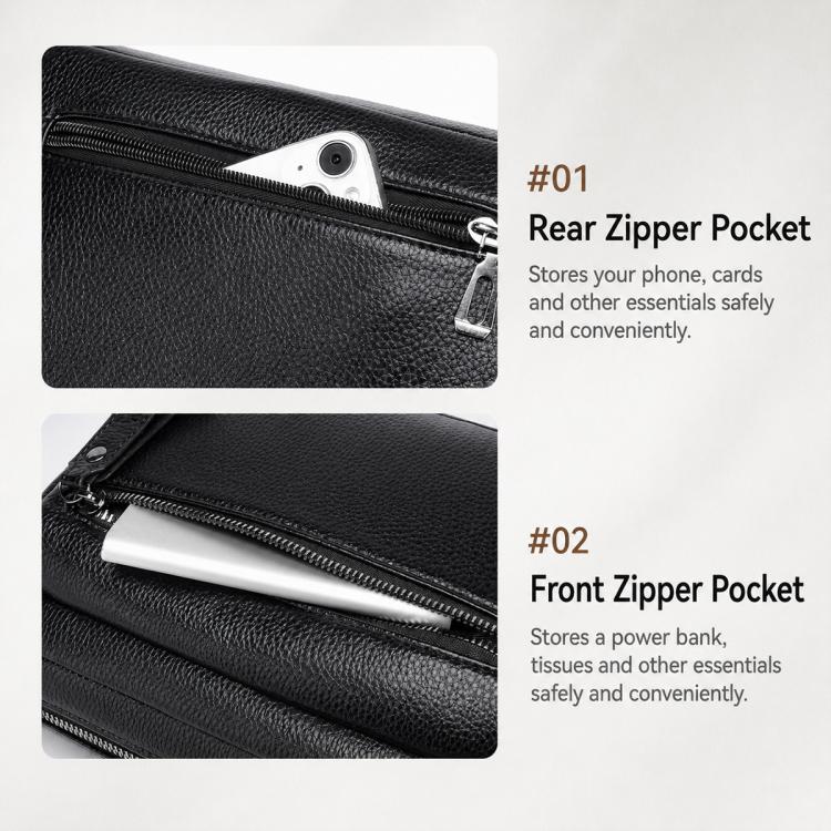 Black crossbody bag showing rear and front zipper pockets with metal zipper pull.