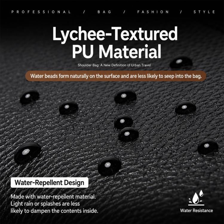 Black lychee-textured PU bag surface with water-beading droplets on the finish.