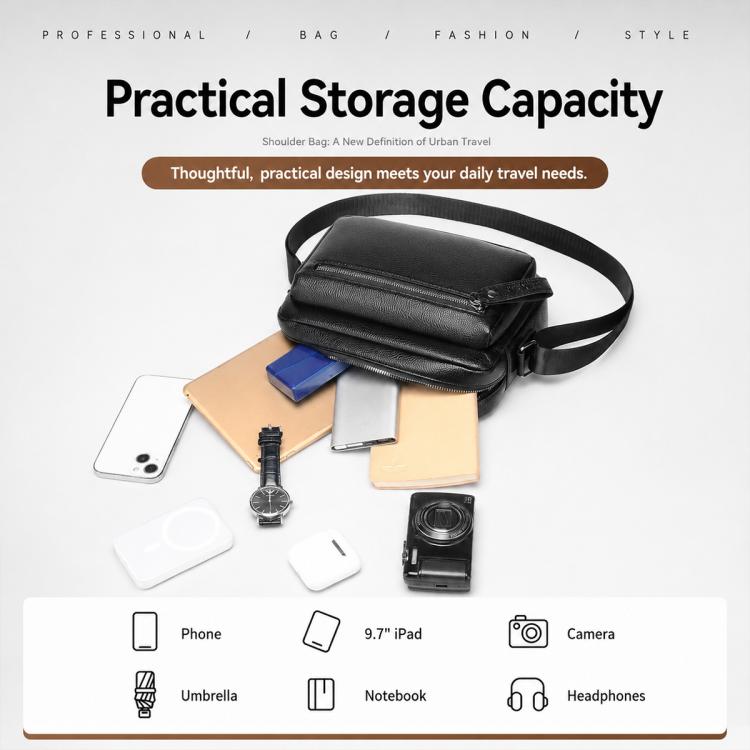 Black shoulder crossbody bag with compact storage and adjustable strap for daily items.