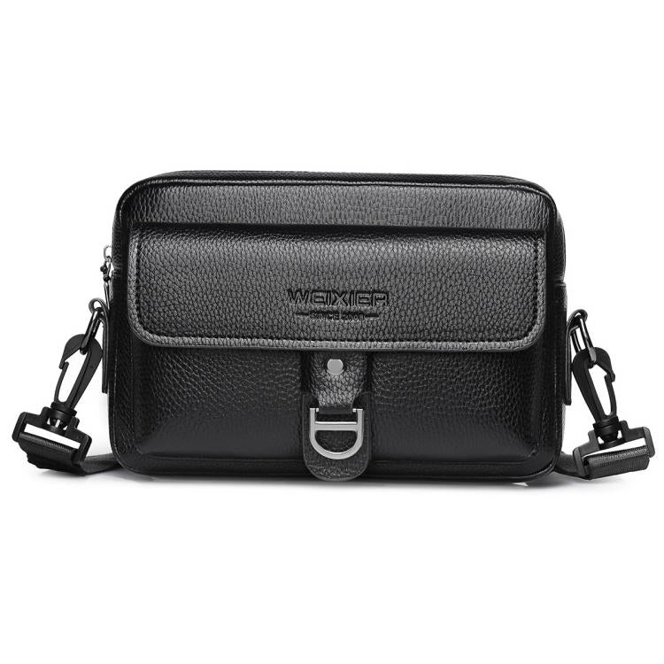 WEIXIER lychee-textured crossbody bag, black, front flap with silver buckle
