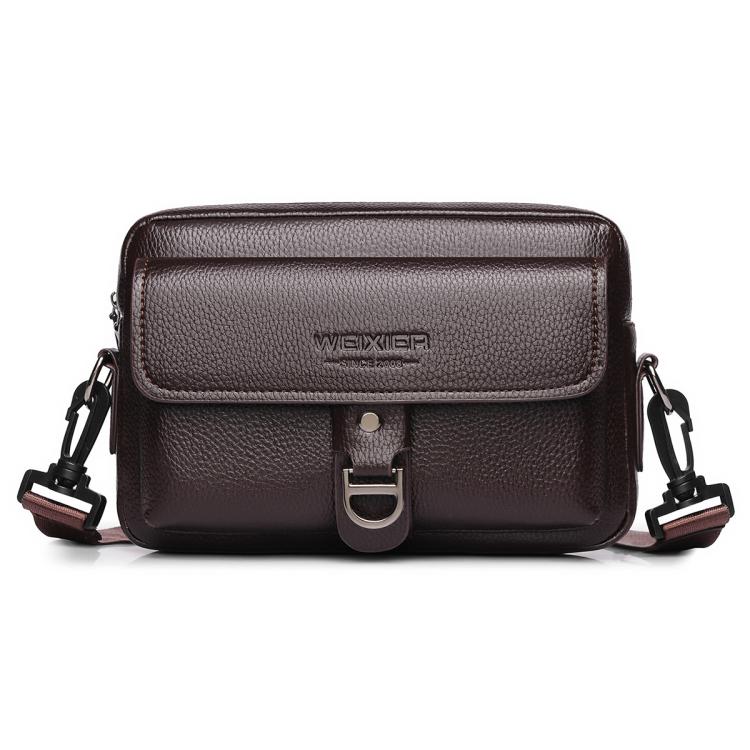 WEIXIER lychee-textured crossbody bag, brown, front flap with silver buckle