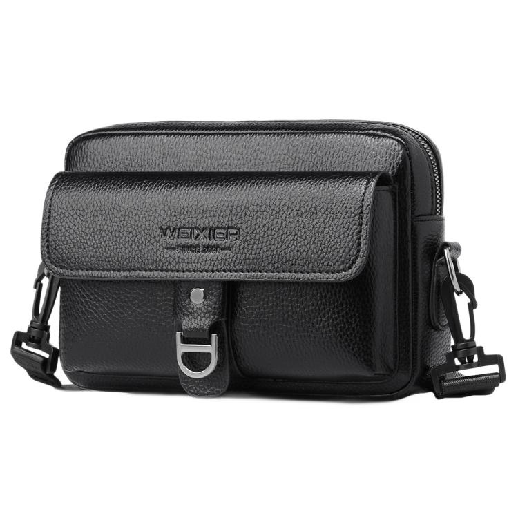 WEIXIER lychee-textured crossbody bag, black, front view with adjustable strap
