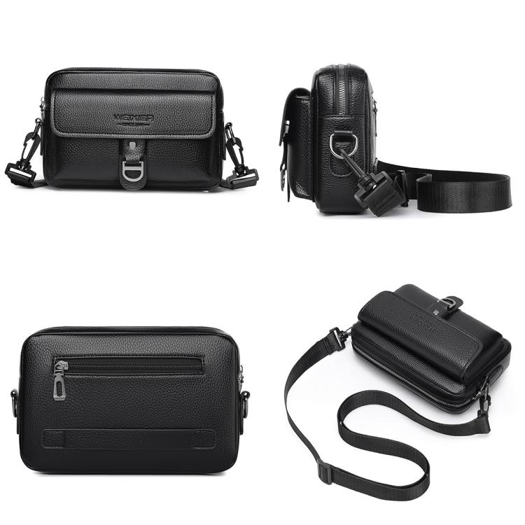 WEIXIER crossbody bag, black, front and side views with adjustable shoulder strap