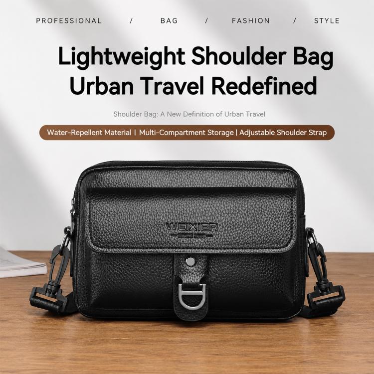 WEIXIER lychee-textured crossbody bag, black, front flap with silver buckle