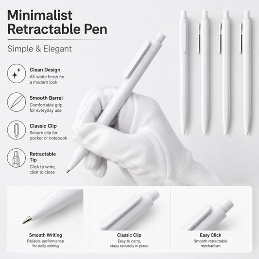 Set of white retractable ballpoint pens with bullet tips, multiple pens arranged upright.