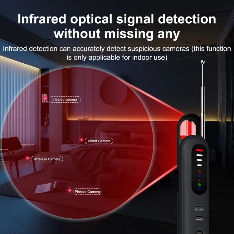 Handheld infrared camera detector with red detection window and LED indicator bar