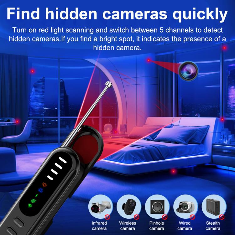Handheld camera detector with antenna and three-section LED bar on black casing