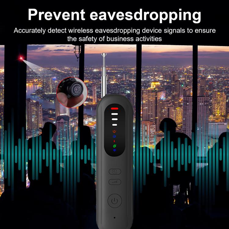 Handheld privacy camera detector with antenna, central LED bar, and side control buttons