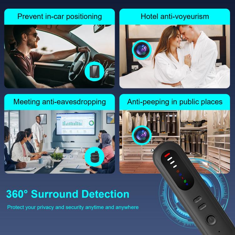 Handheld camera detector scanner with antenna and multi-color LED indicator on black body