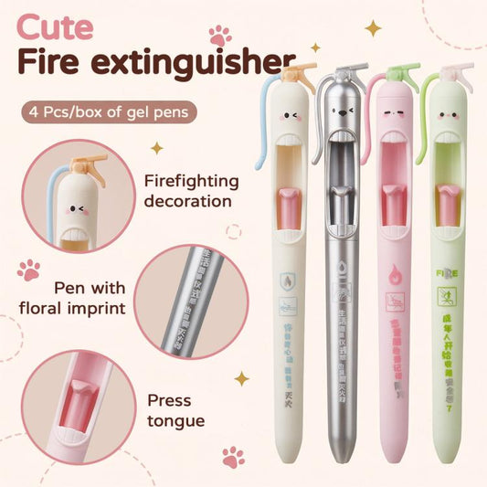 Set of 4 cute fire extinguisher gel pens, showing four pen bodies with faces