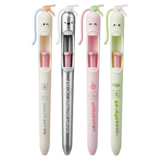 Set of 4 fire extinguisher-themed retractable gel pens with colored caps and tips